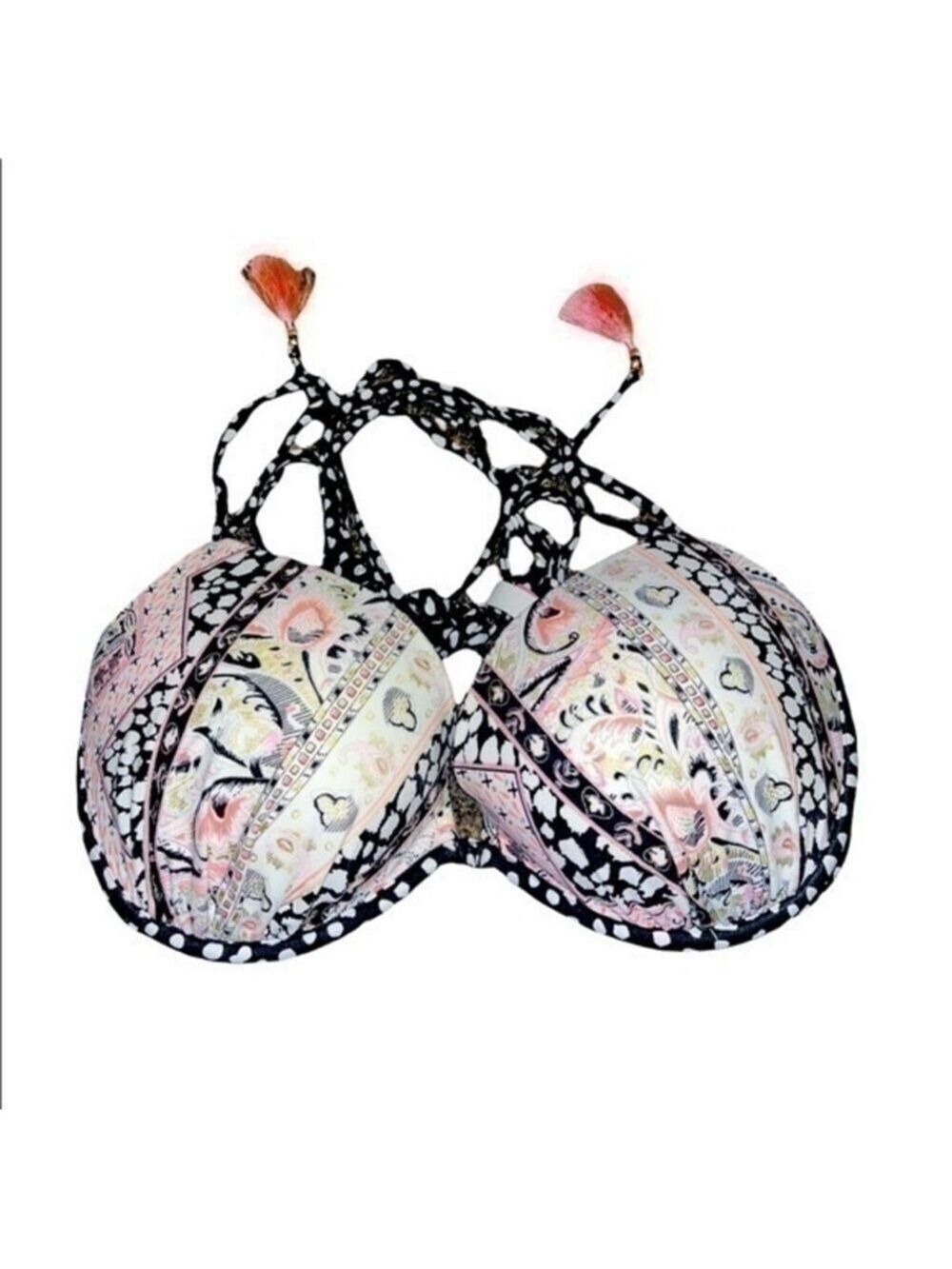Victoria's Secret Black White Pink Patterned Push Up Bikini Top 34D